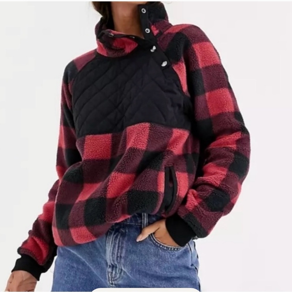 Abercrombie & Fitch Red & Black Buffalo Plaid 1/2 Zip Sherpa Fleece Pullover L
